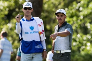 August 27, 2016: Rickie Fowler with his caddie on the 12th green during the third round of play at The Barclays, on the Black course, at Bethpage State Park in Farmingdale, NY. (Photo by David Hahn/Icon Sportswire) (Icon Sportswire via AP Images)